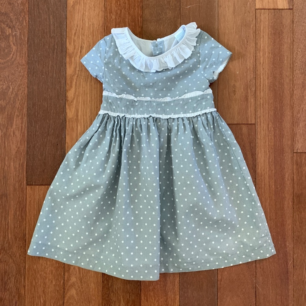 Toddler Girls Linen Ruffle Collar Polka Dot Blue Grey Dress 4T